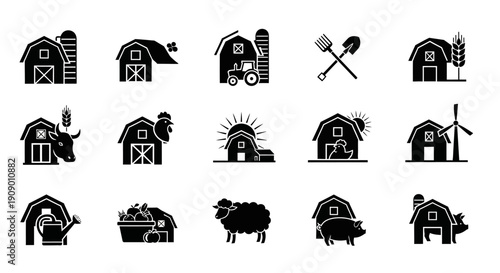Farm Icons Set: Barn, Tractor, Animals, Agriculture