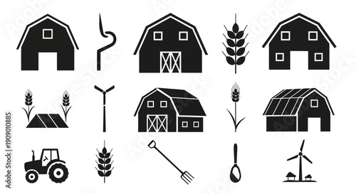 Farm and Agriculture Icon Set in Black