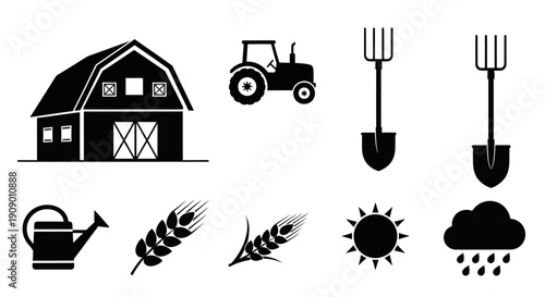 Farm icons set: barn, tractor, wheat, sun, cloud, tools