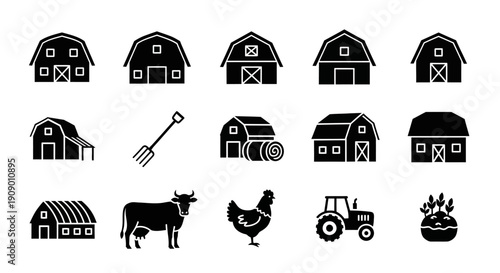 Farm Icons Set: Barn, Cow, Chicken, Tractor, Pitchfork
