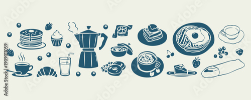Italian Food Kitchen Cooking Doodle Set, Pasta Pizza Hand Drawn Vector Clipart, Coffee Moka Pot Sketch Illustration Collection, Restaurant Cuisine Design Element Pack, Chef Recipe Line Art Graphics, B