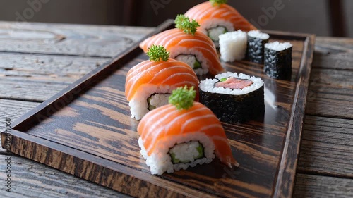 Salmon sushi roll rice seaweed cucumber wooden tray with parsley garnish, fresh Japanese cuisine seafood appetizer, appetizing presentation close up