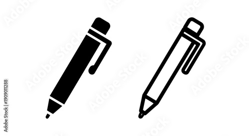 Slim pen and marker icon collection in outline and solid vector styles for creative projects