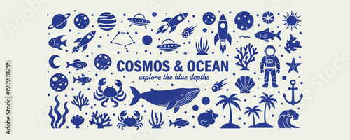 Cosmos Ocean Space Whale Blue Doodle Set, Deep Sea Galaxy Hand Drawn Vector Clipart, Rocket Planet Underwater Illustration Collection, Marine Life Space Exploration Sketch Pack, Nautical Celestial Des
