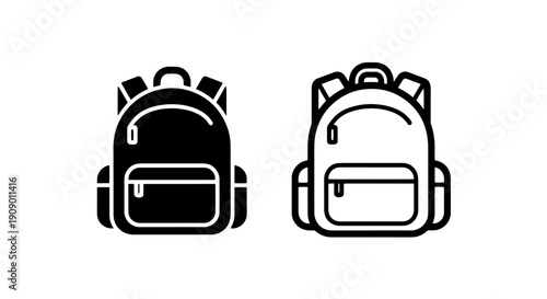 Classic school backpack icon set in solid and line art styles for education and student life