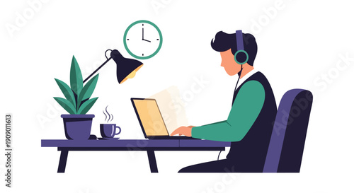 Remote worker focused on laptop with headphones on in modern home office