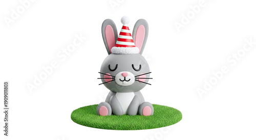 Cute 3D Cartoon Rabbit with Party Hat on Grass