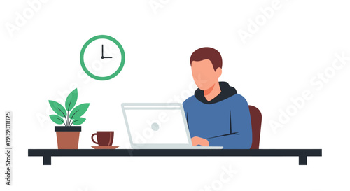 Man working on laptop at modern desk with plant and coffee