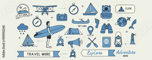 Blue Travel Adventure Doodle Element, Summer Vacation Hand Drawn Clipart Set, Tourism Camping Tent Illustration Bundle, Beach Holiday Object Graphic Design, Explorer Journey Icon Collection, Travel Pl