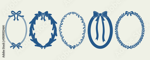 Blue Ornamental Oval Wreath Frame, Vintage Decorative Laurel Border Clipart, Elegant Floral Circle Frame Illustration, Classic Ornate Mirror Frame Design, Wedding Invitation Oval Border Graphic, Victo