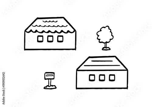 Line art house icon set　線画横長おうちイラストセット