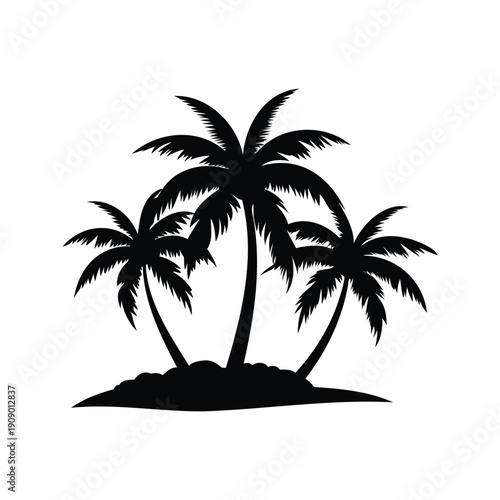 palm trees on beach silhouette vector illustration, Isolated silhouette vector illustration of three palm trees on a small island, perfect for tropical themes and beach designs