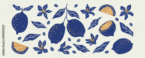 Navy Blue Lemon Botanical Branch Pattern, Citrus Fruit Leaf Seamless Design, Dark Floral Lemon Illustration Clipart, Elegant Botanical Fruit Graphic Set, Kitchen Lemon Repeat Pattern Bundle, Vintage C