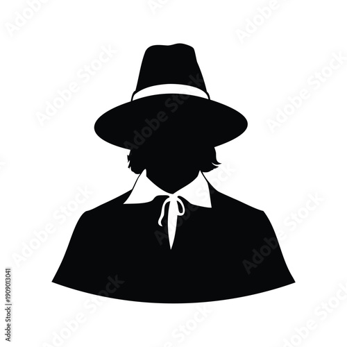 pilgrim bonnet silhouette vector illustration, Historical figure wearing a hat and cape silhouette vector illustration