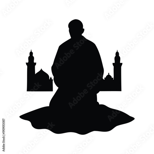 pilgrim performing hajj silhouette vector illustration, Silhouette of a person praying in front of a mosque silhouette vector illustration