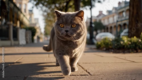 British Shorthair cat running on city sidewalk, urban feline scene for mockup or presentation