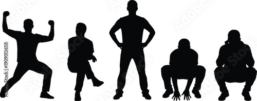 Human silhouettes, dynamic poses, relaxed sitting, confident standing, athletic squatting, contemplative posture, body language illustration, psychology study, design resource, diversity
