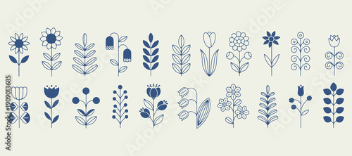 Blue Botanical Leaf Plant Nature Doodle, Hand Drawn Foliage Branch Illustration Set, Minimalist Greenery Sketch Clipart Design, Organic Herb Leaf Graphic Bundle, Nature Garden Element Sticker Collecti