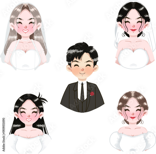 Cute bride and groom character illustration set in soft pastel style, suitable for wedding invitations, greeting cards, stickers, social media content, event design, and romantic decoration.