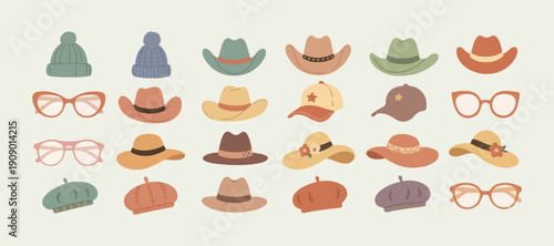 Cowboy Hat Collection Variety Set, Western Ranch Hat Clipart Design, Country Sheriff Deputy Hat Illustration, Vintage Leather Straw Hat Graphic Bundle, American Rodeo Hat Element Art, Colorful Cowgirl