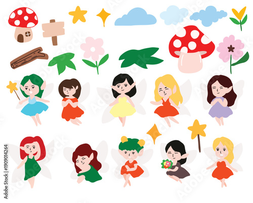 Set of kawaii little fairy element design collection. Little fairies from legends about imaginary kingdom with fantastic creatures.