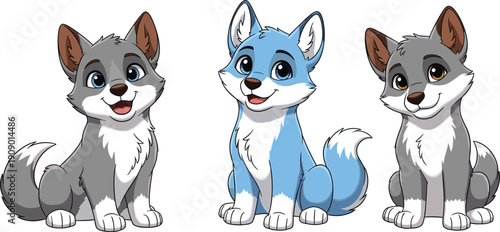 Vector collection of three cute cartoon wolf pups including grey and blue husky dogs sitting and smiling isolated on white background for children design