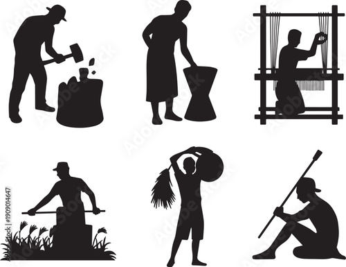 Black silhouettes of people doing various jobs and activities workers