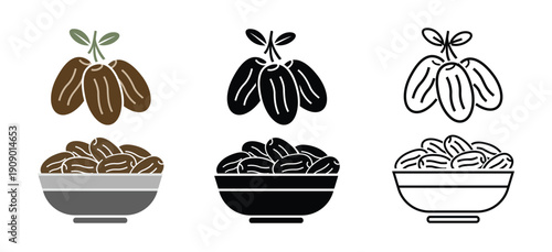 Dates Fruit icons, bowl of Ramadan dates on White Background