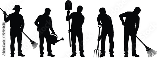 Gardening silhouettes, workers with rake, shovel, pitchfork, watering can, landscaping tools, agriculture labor, outdoor farming, horticulture, teamwork, manual work
