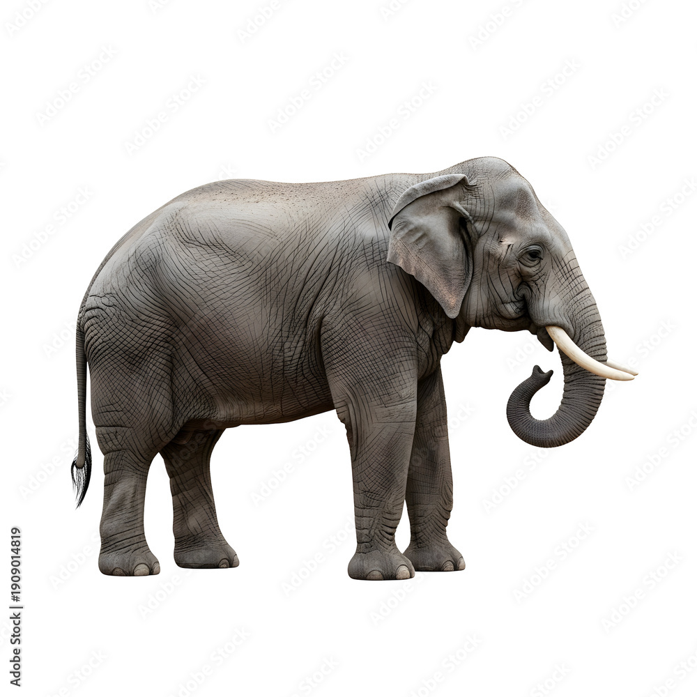 Fototapeta premium Elephant standing with trunk raised isolated on transparent background