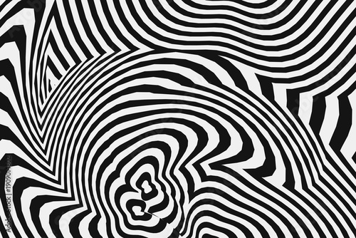 Optical illusion black and white striped pattern, swirling lines background, for website or presentation, overlay effect, vector