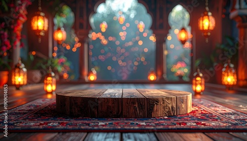 Rustic wooden podium on oriental carpet with glowing traditional ramadan lanterns and bokeh background for product display during islamic holiday celebrations creating warm festive indoor atmosphere