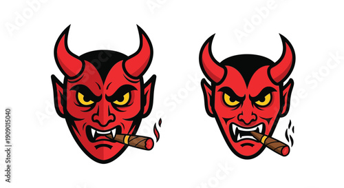 Two red devil faces smoking cigars a cartoonish and menacing design