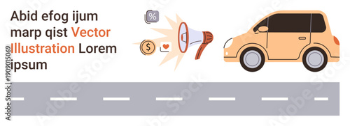Advertising, marketing campaigns, communication strategies, business promotion, vehicle branding, street advertising. Megaphone and icons near a car on a road. Advertising and marketing campaigns