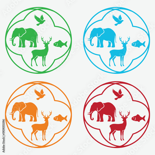 Global Wildlife Conservation Logo with Elephant Deer Bird and Fish Earth Emblem Vector Set