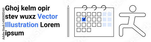 Time management, productivity apps, daily routines, organization tools, fitness tracking, personal goals. Calendar grid, checkbox pen and a person icon in motion. Time management and productivity