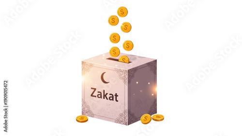 Zakat donation box with gold coins for charitable giving