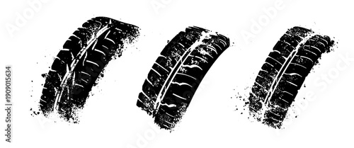 Vector set of tire tread marks black tire tracks and tire prints with grunge texture