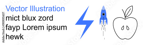 Education, creativity, science, technology, energy, design. A blue rocket, lightning bolt and black apple with text. Creativity and science concept distinctive symbols