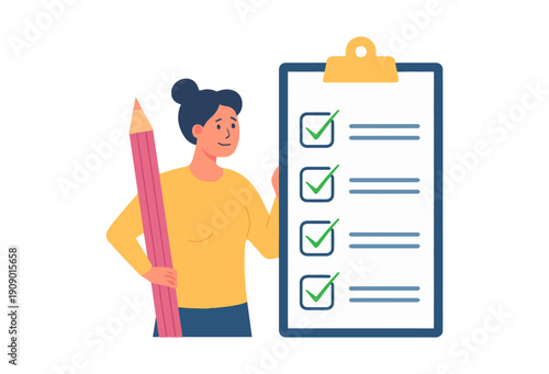 Woman Holding Pencil with Checklist on Clipboard Flat Illustration