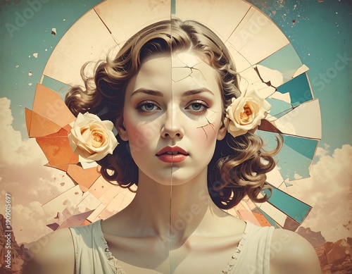 Portrait of a woman with roses, a fractured halo, and divided face