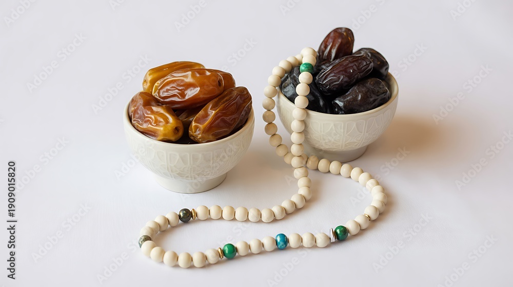 Naklejka premium 🍽️ Dates and Prayer Beads – Traditional Ramadan Setup