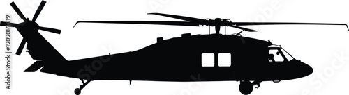 Military helicopter silhouette vector, combat transport aircraft illustration isolated on white background with detailed rotor blades