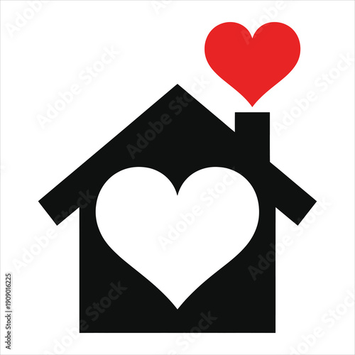 A black house with a white heart inside emits a red heart smoke