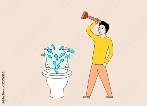 Man is standing next to a toilet to clean it