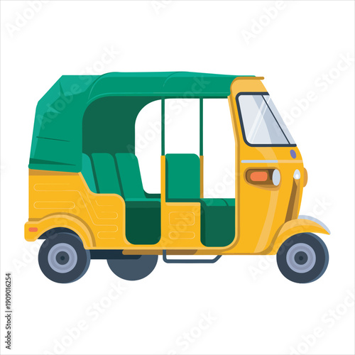 A yellow motorized rickshaw has green seating and covering on a transparent backdrop