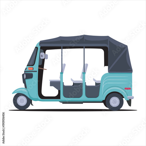 Charming turquoise auto rickshaw has open seating with dark top and frame
