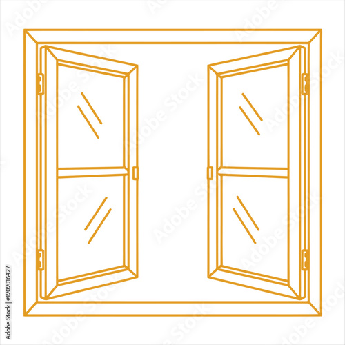 Golden outline of a window frame shows its open position against white background