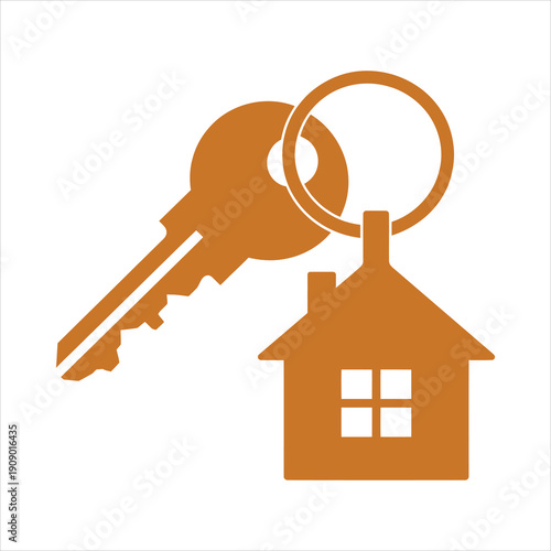 Golden key and house shaped keyring are displayed clearly in a simple cutout
