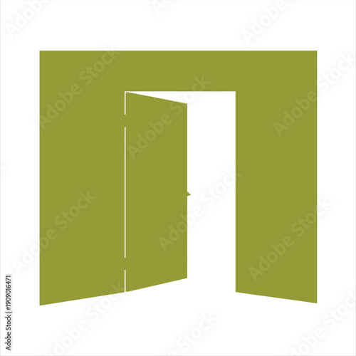 Olive color door opens slightly, revealing the bright white space within the frame